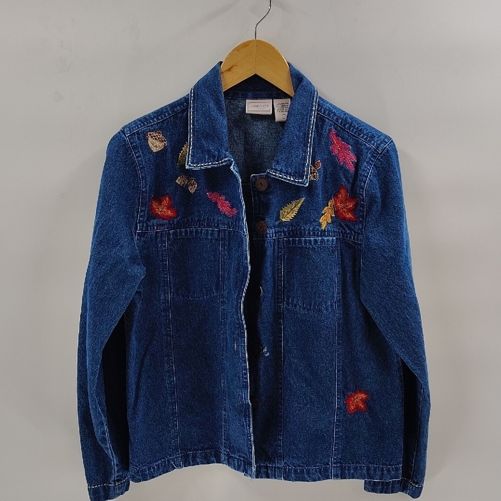 Passport Fall Leaf Themed Jean Jacket Size L Button Up Embroidery Cotton Vintage